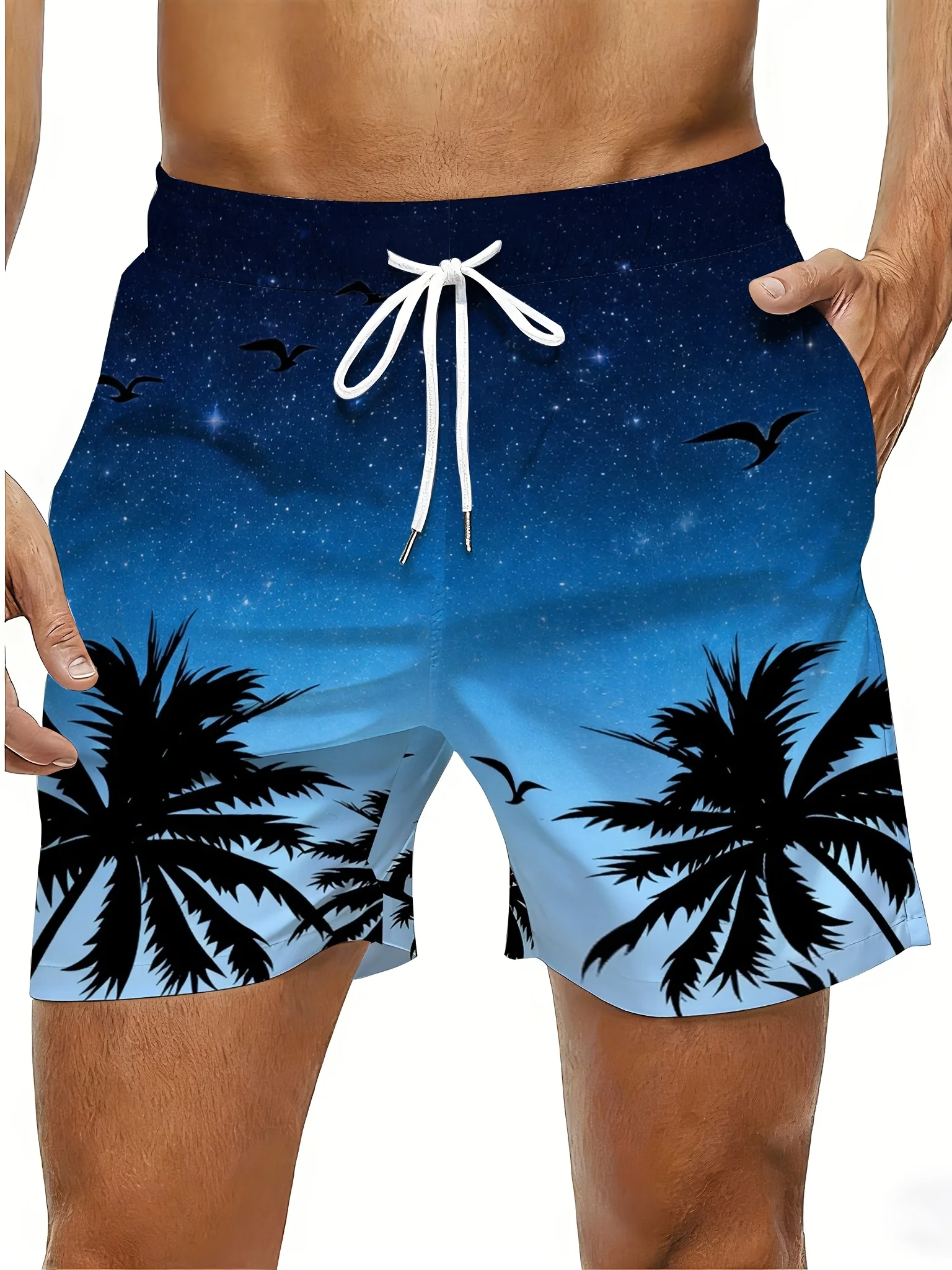Men's Blue Gradient Night Sky Star & Palm Tree Print Quick Dry Swim Shorts, Drawstring Beach Trunks with Pockets