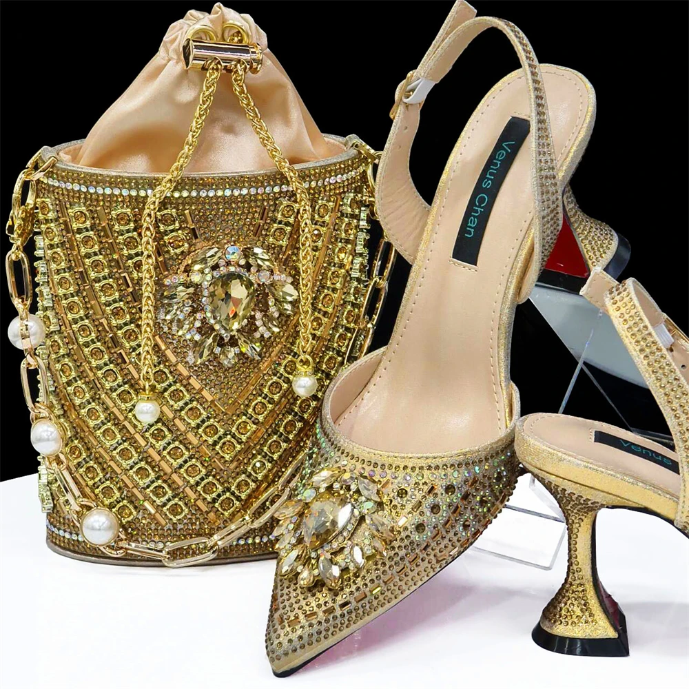 Gold Color for Women 2024 Court Style Wedding Pumps High Heels Rhinestone Design Party Shoes and Bags Set for Wedding Party