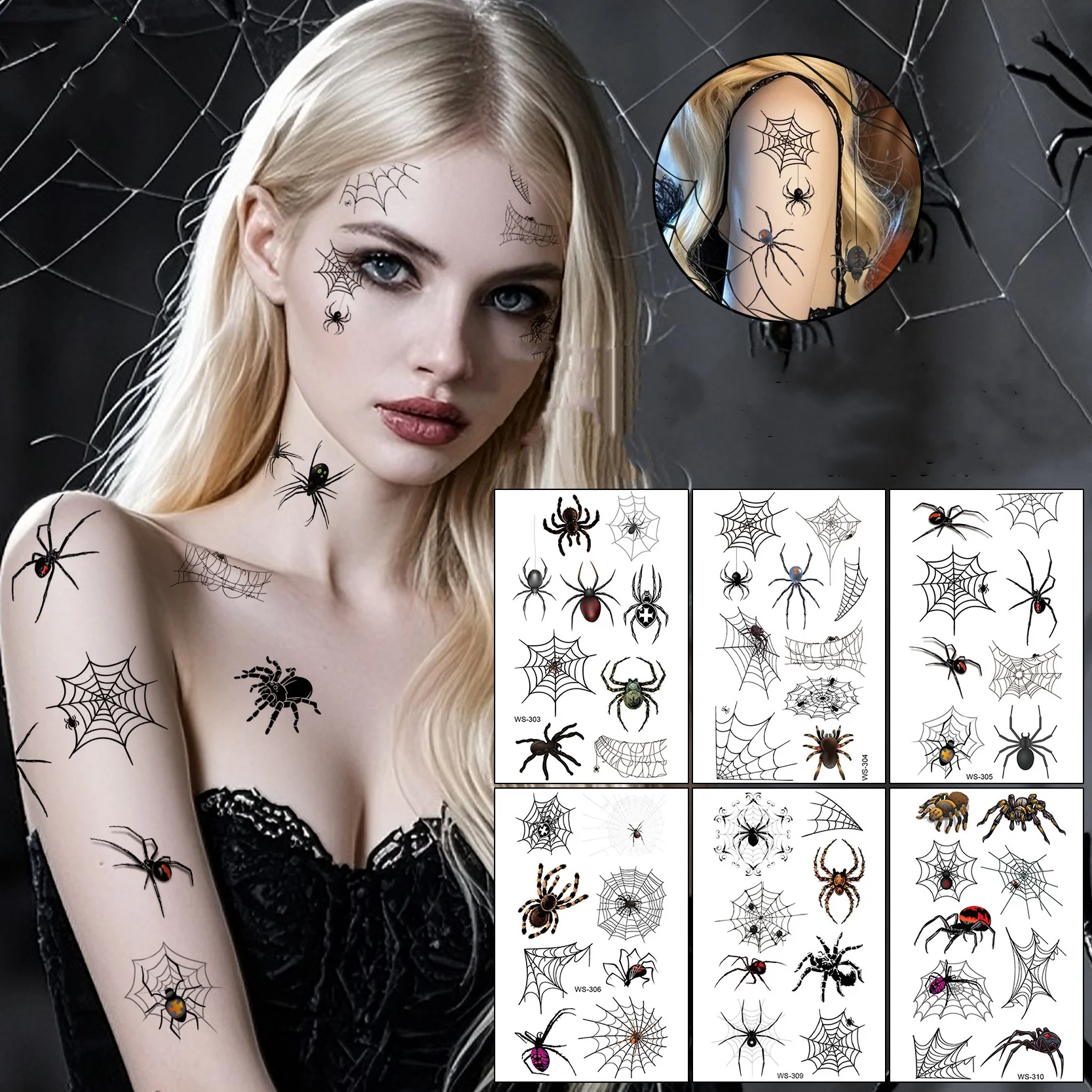 5pcs 3D Realistic Spider Temporary Tattoo Stickers Waterproof Sweatproof Halloween Scary Spider Web Body Art Decals Party