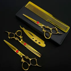 6 Inch Professional Barber Scissors Kit With Golden Dragon Handle Hairdressing Scissors Titanium Plated Thinning Scissors
