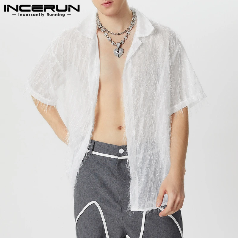 

INCERUN Men Shirt Tassel Chiffon Transparent Lapel Short Sleeve Sexy Men Clothing Summer Streetwear 2026 Party Fashion Camisas