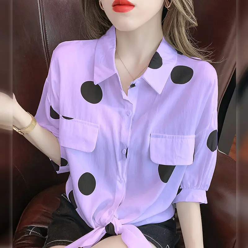 Women Summer Korean Simplicity Loose Lacing Polka Dot Polo-Neck Short Sleeve Shirts Women Clothes Casual All-match Trend Tops