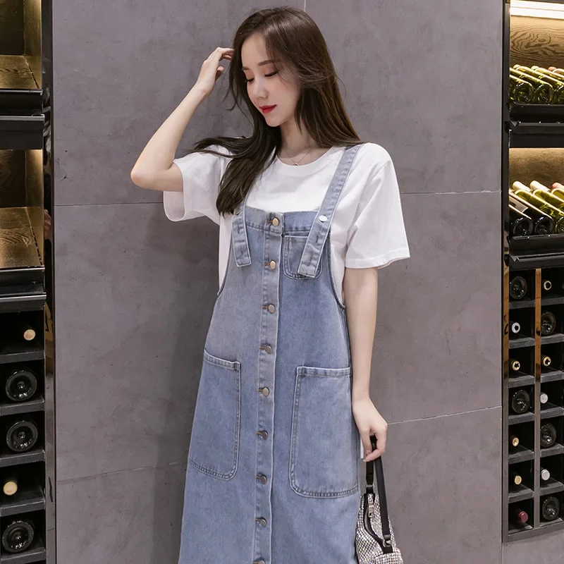Button Design Long Denim Dress Women Adjustable Shoulder Strap Cowboy Sundress 2025 New Summer Practical Pocket Jean Casual Wear