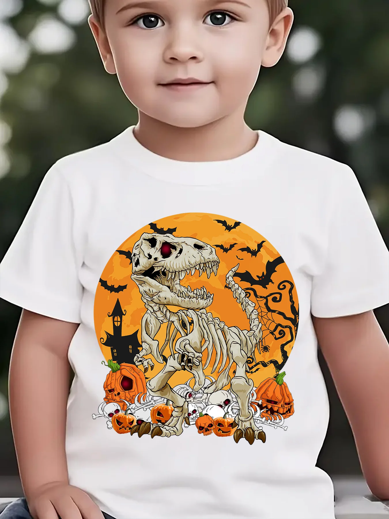 Kids Boys Girls Parent Child Matching Tee Skeleton Dinosaur Pumpkin Halloween Graphic Print Short Sleeve Crew Neck Soft Tee