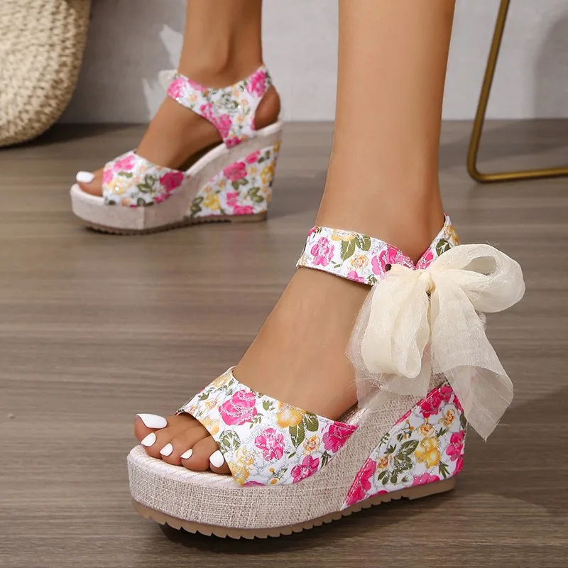 2026 Fashion Open Toe Lace Up Wedge Women's Sandals Summer Print Round Toe Thick Soled Casual Women Shoes Сандалии Для Девочек