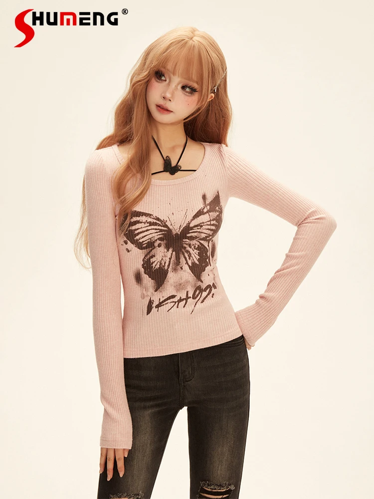 American Retro Fashion Pink Butterfly Round Neck Long Sleeve Slim Fit All-matched Casual Inner Shirt T-shirt Tops Women Autumn