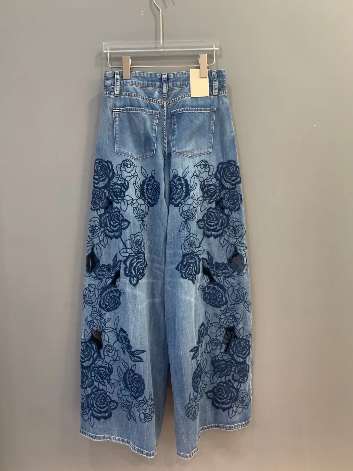 Women Floral Embroidery Jeans Hollow Out High Waist Loose Denim Wide Leg Pants
