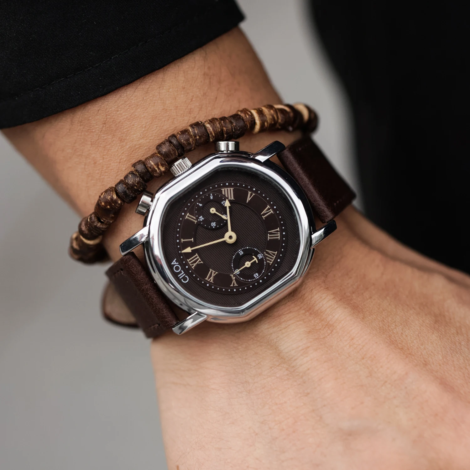 CILOA-Men Octagonal Tonneau Watch, Roman Numeral Brown Dial Leather Band Chronograph Quartz Wristwatch-529