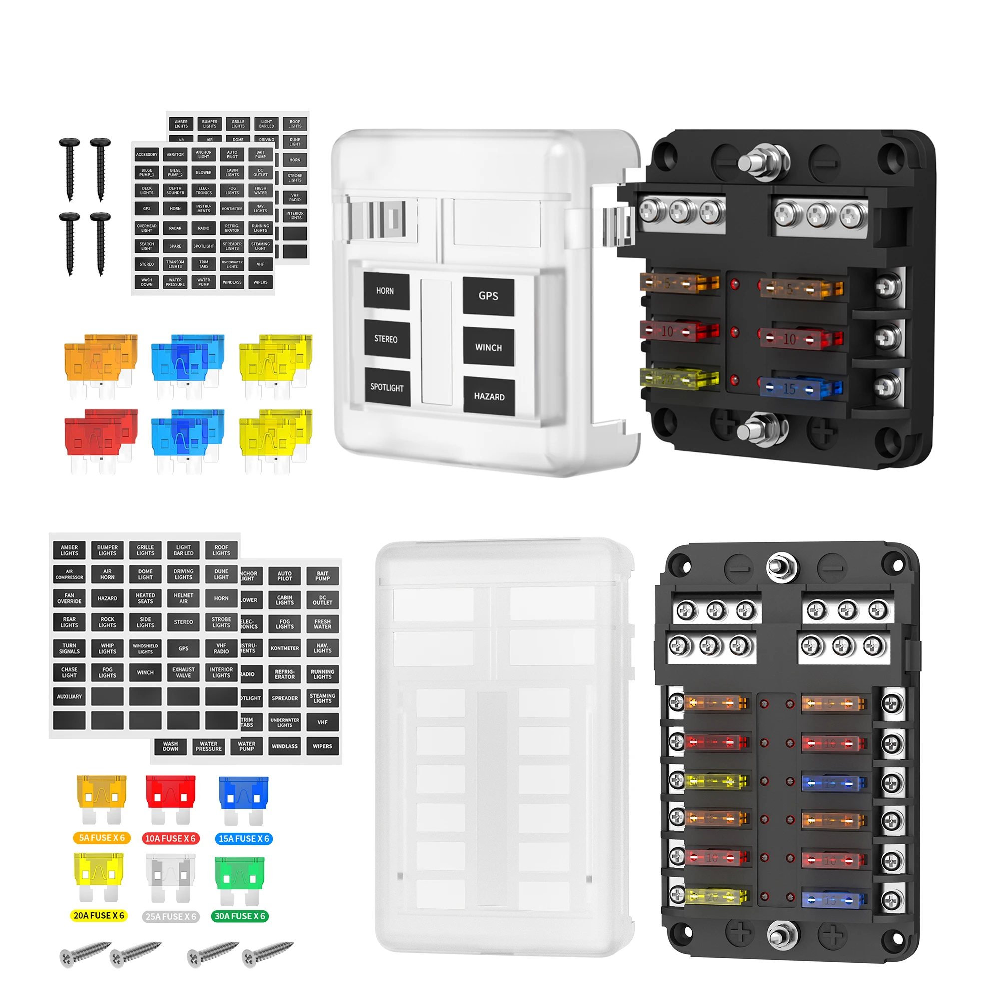 12V Fuse Block 6 Way 12 Way Fuse Box ATO/ATC Marine Fuse Panel with LED Indicator Light Waterproof 24V for Automotive Boat Car