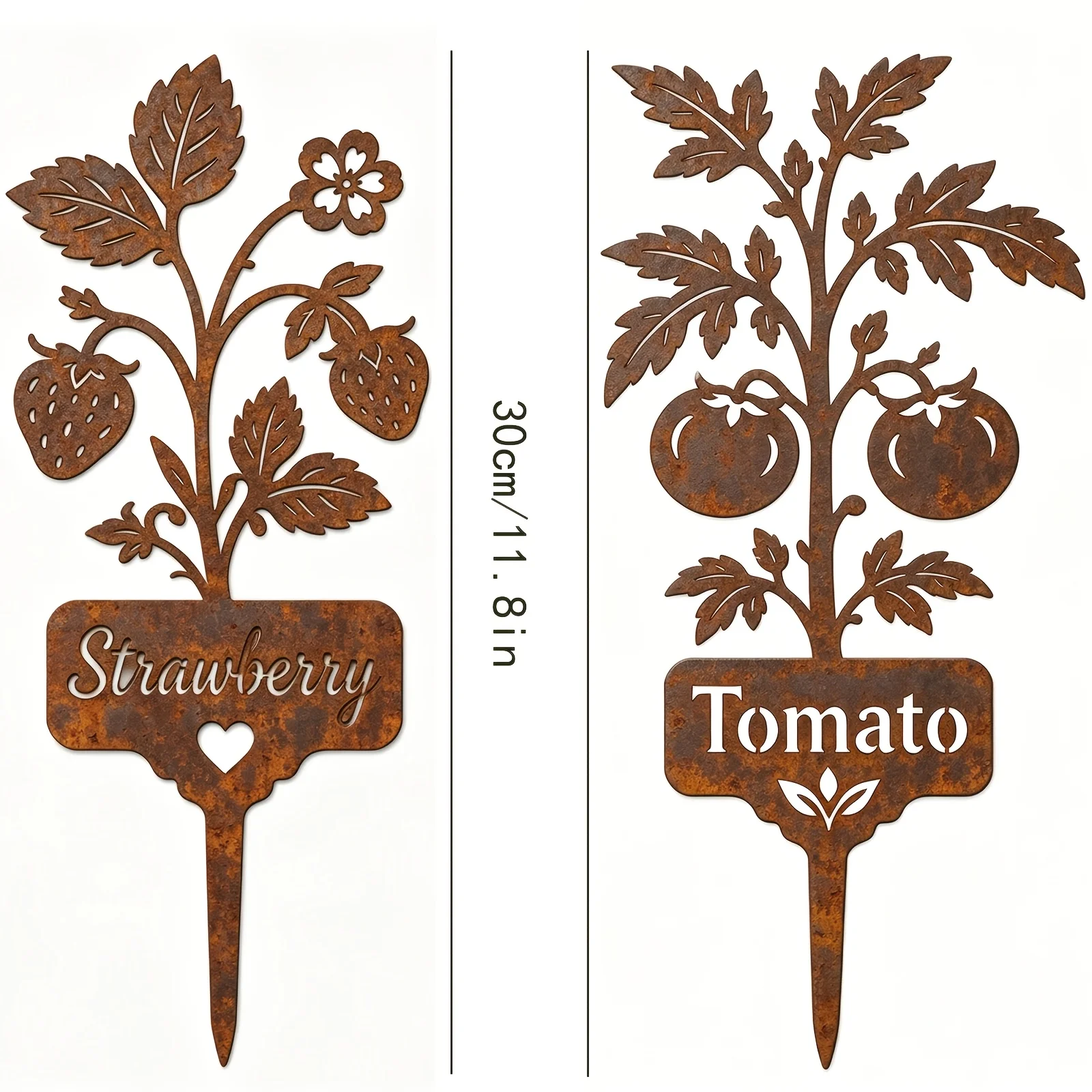 Vintage Wrought Iron Plant Marker, Strawberry and Tomato Styles, Distressed Rust Finish. Suitable for Garden,Courtyard