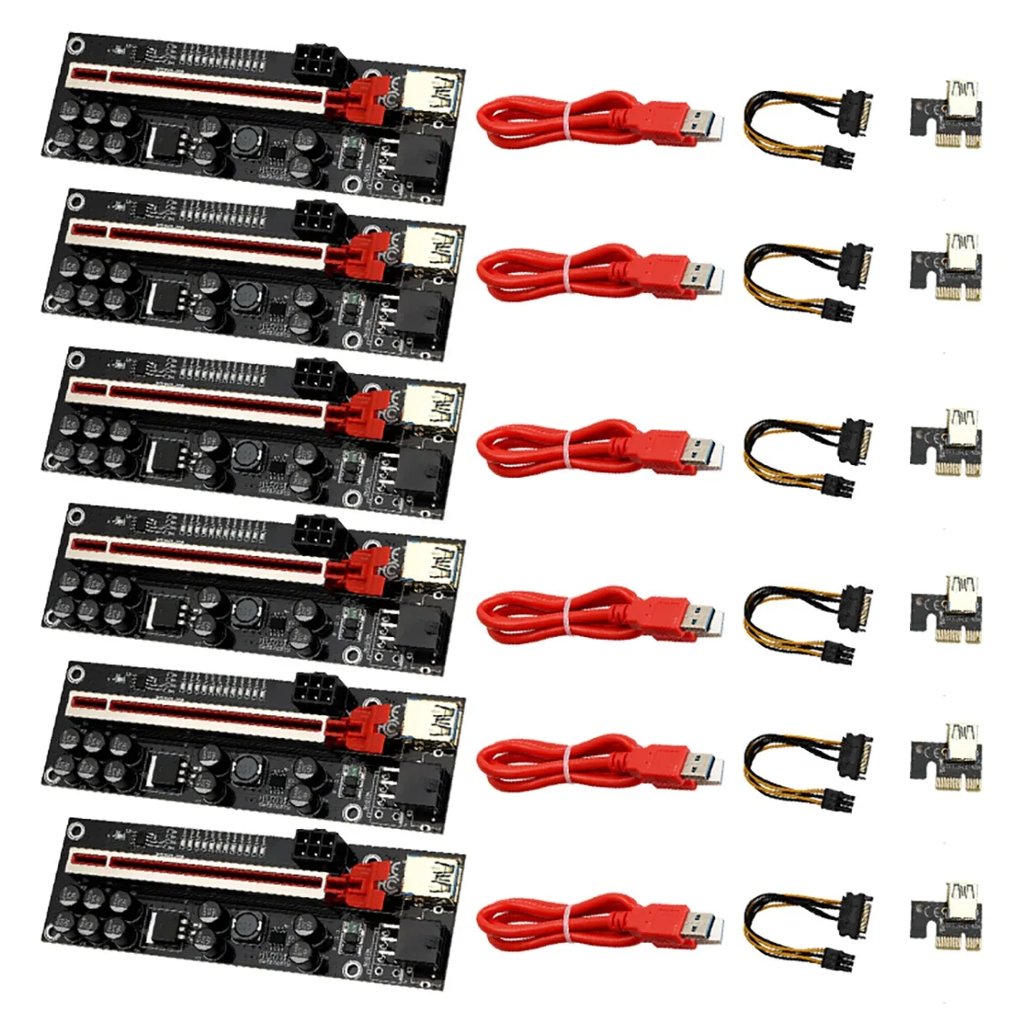 

6 Pack VER011S PCI-E 1X to 16X USB3.0 60cm Graphics Riser Card with 10 Solid Capacitors LED Lights for Bitcoin Mining