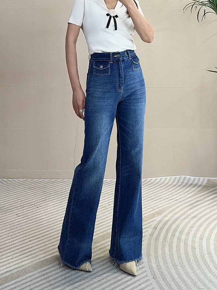 

Джинсы женские с высокой талией, широкие штанины, 100% хлопок, прямой зауженный крой, новинка 2025, повседневные, износостойкие, синий деним