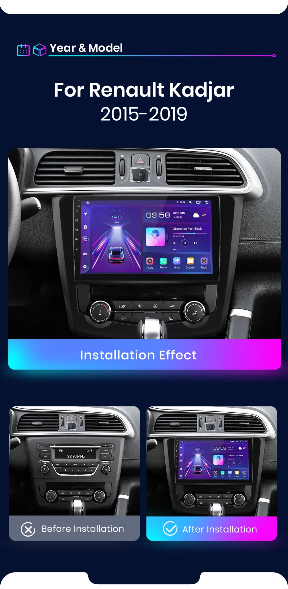 Junsun Wireless Carplay Android Auto Autoradio für Renault Kadjar 2015-2019 GPS Multimedia 2 Din – Detail 4