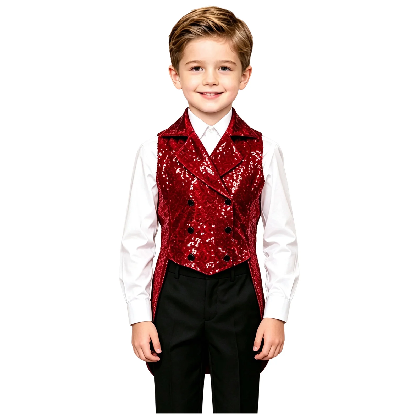 Kids Boys Shiny Sequin Lapel Tailcoat Vest Halloween Carnival Circus Magic Shows Costume Wedding Party Dancing Prom Waistcoat