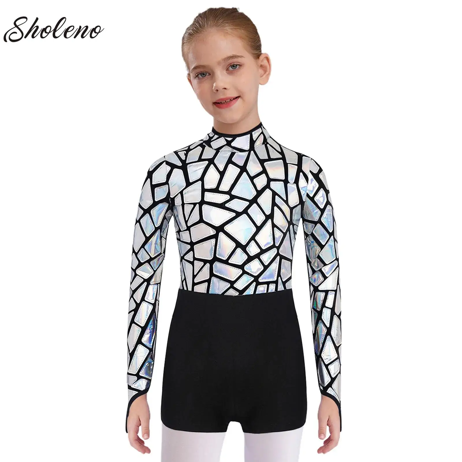 

Kids Girl Ballet Jazz Ballroom Latin Dance Leotard Rhythmic Gymnastics Stage Performance Dancewear Long Sleeve Metallic Jumpsuit