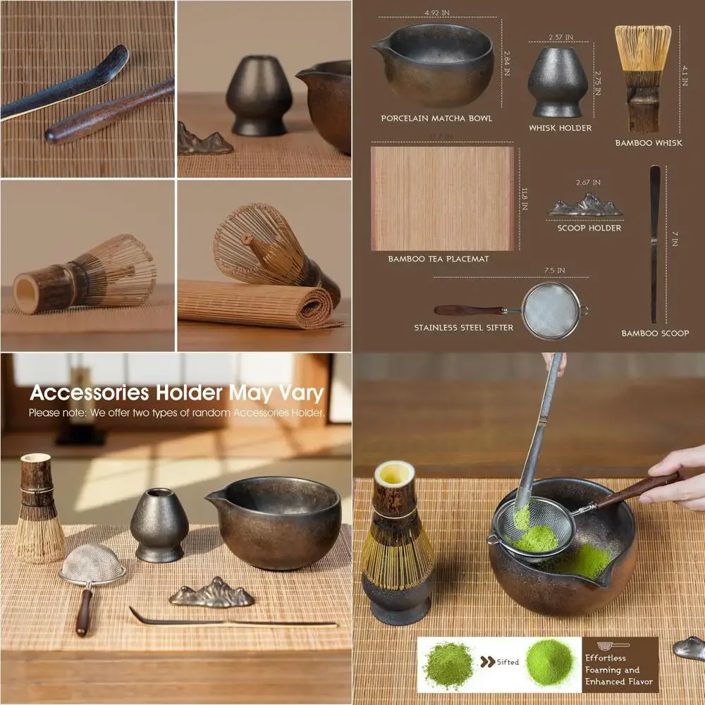

7-Piece Matcha Set with Ceramic Matcha Bowl, Bamboo Whisk (Chasen) & Holder, Sifter, Tea Scoop & Rest, Special Bamboo Tea Mat -