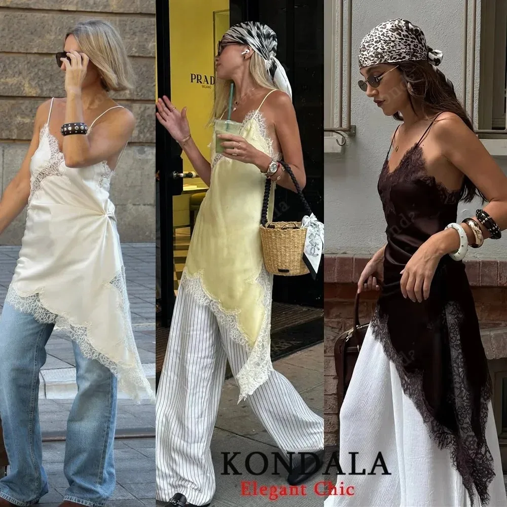 KONDALA Seksowna Sukienka Damska z Koronką, Wiązana na Szyi, Satynowa, Asymetryczna Mini Sukienka, Moda Lato-Jesień 2025, Sukienka na Imprezę, Wakacje, Plażę