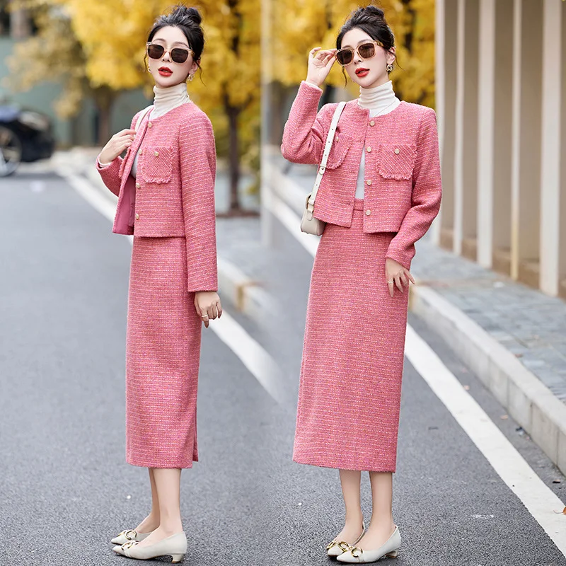 

Ladies' Pink 2-pcs Coarse Felt Set Short Coat+Skirt 2025 Spring and Autumn Small Fragrance Style Set