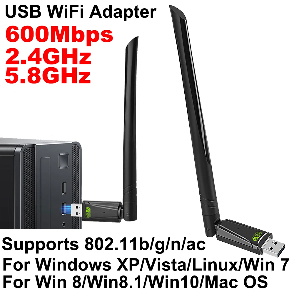 600Mbps USB WiFi Adapter 2.4/5.8GHz Supports 802.11b/g/n/ac Antenna for Windows XP/Vista/Linux/Win 7/Win 8/Win8.1/Win10/Mac OS