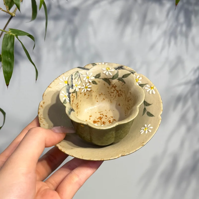 Chinese Minimalist Style High-Temperature Firing Ceramics Handicraft Drawing Cup And Saucer Set Thermal Insulation Kitchenware