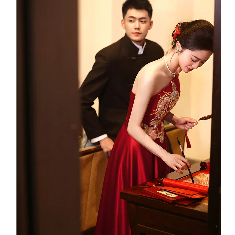 TOAST Odzież Nowa winna czerwona sukienka zaręczynowa Ślubna wysokiej jakości lekka luksusowa satynowa koszulka bez ramiączek