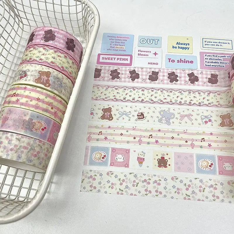 MINKYS 6pcs/Pack Sweet Bear Cherry Korean Ins Washi Tape Bow Pattern Decorative Sticker Tape for Journal DIY Scrapbooking