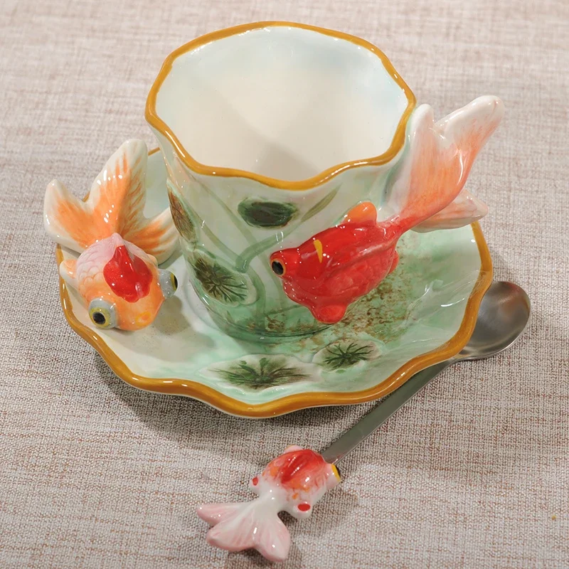 European Ceramic Coffee Cups Underglaze Painted Tea Mugs Goldfish Relief Dessert Dish Exquisite Afternoon Tea Home Gifts