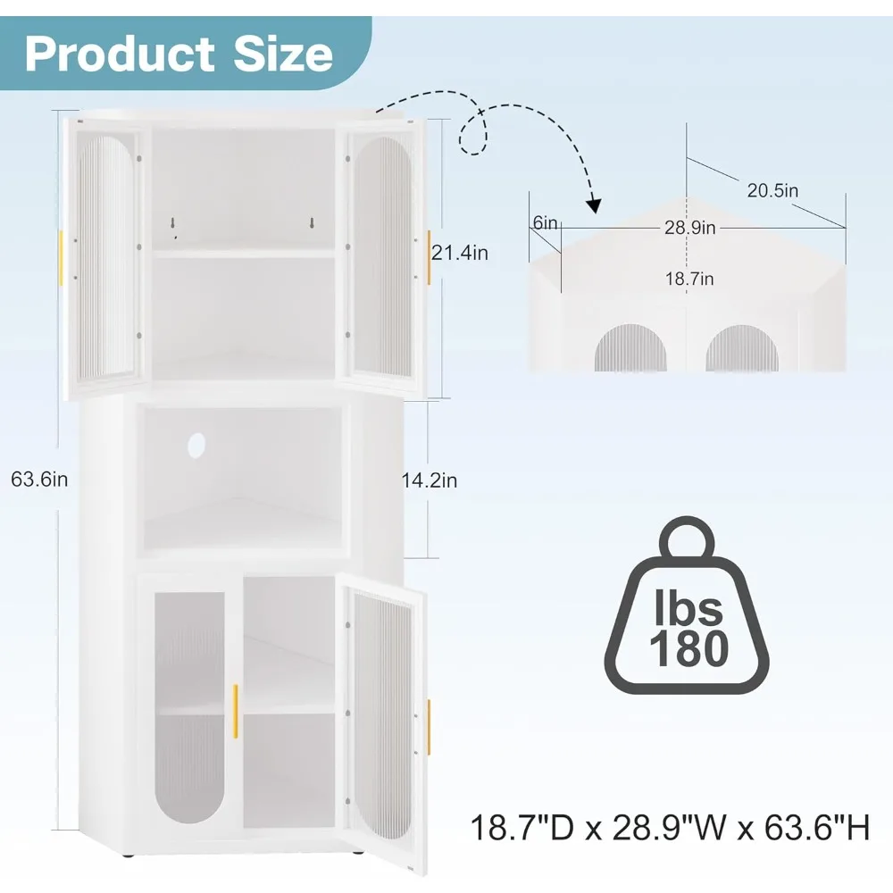 خزانة زاوية معدنية، خزانة تخزين زاوية طويلة مع 4 أبواب زجاجية أكريليك وأرفف قابلة للتعديل، خزانة مطبخ لـ