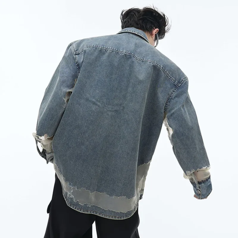 IEFB Men Shirt Niche Hollowed Out Design Denim Shirts Lace Patchwork Top Single Breasted Turn-down Collar Male Tops 24E1006