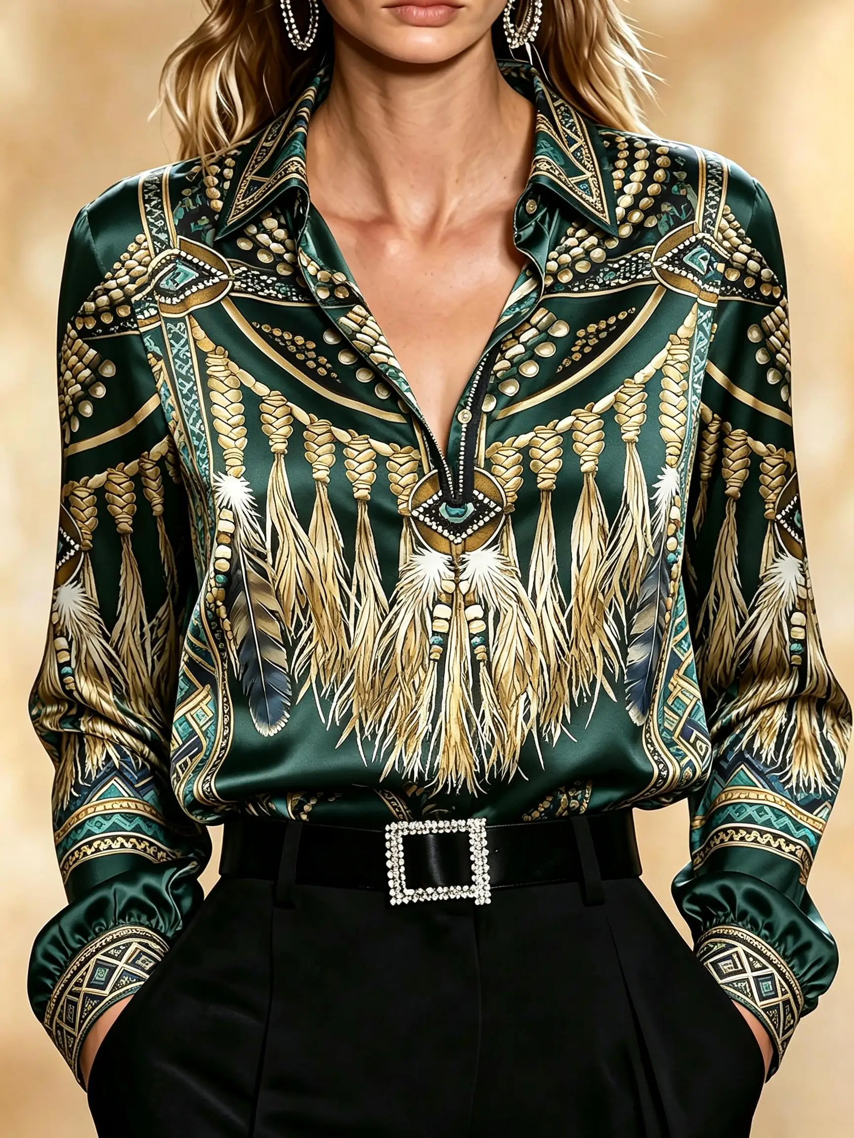 Women Long Sleeve Button‑Up Shirt Tribal Feather Tassel Print Turn‑Down Collar Satin Blouse