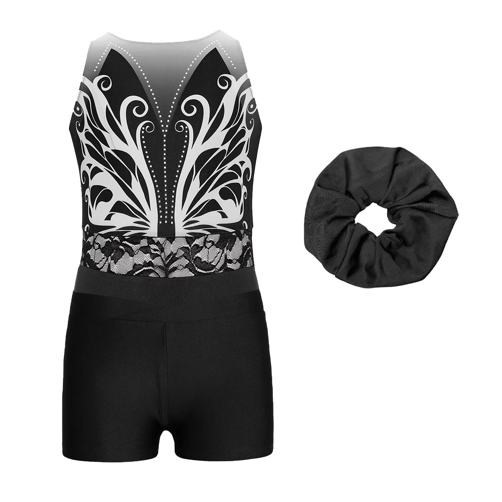 

Kids Girls Ballet Dance Outfit Sleeveless Shiny Rhinestones Leotard with Shorts And Headwear Set Rhythmic Gymnastics Jumpsuits
