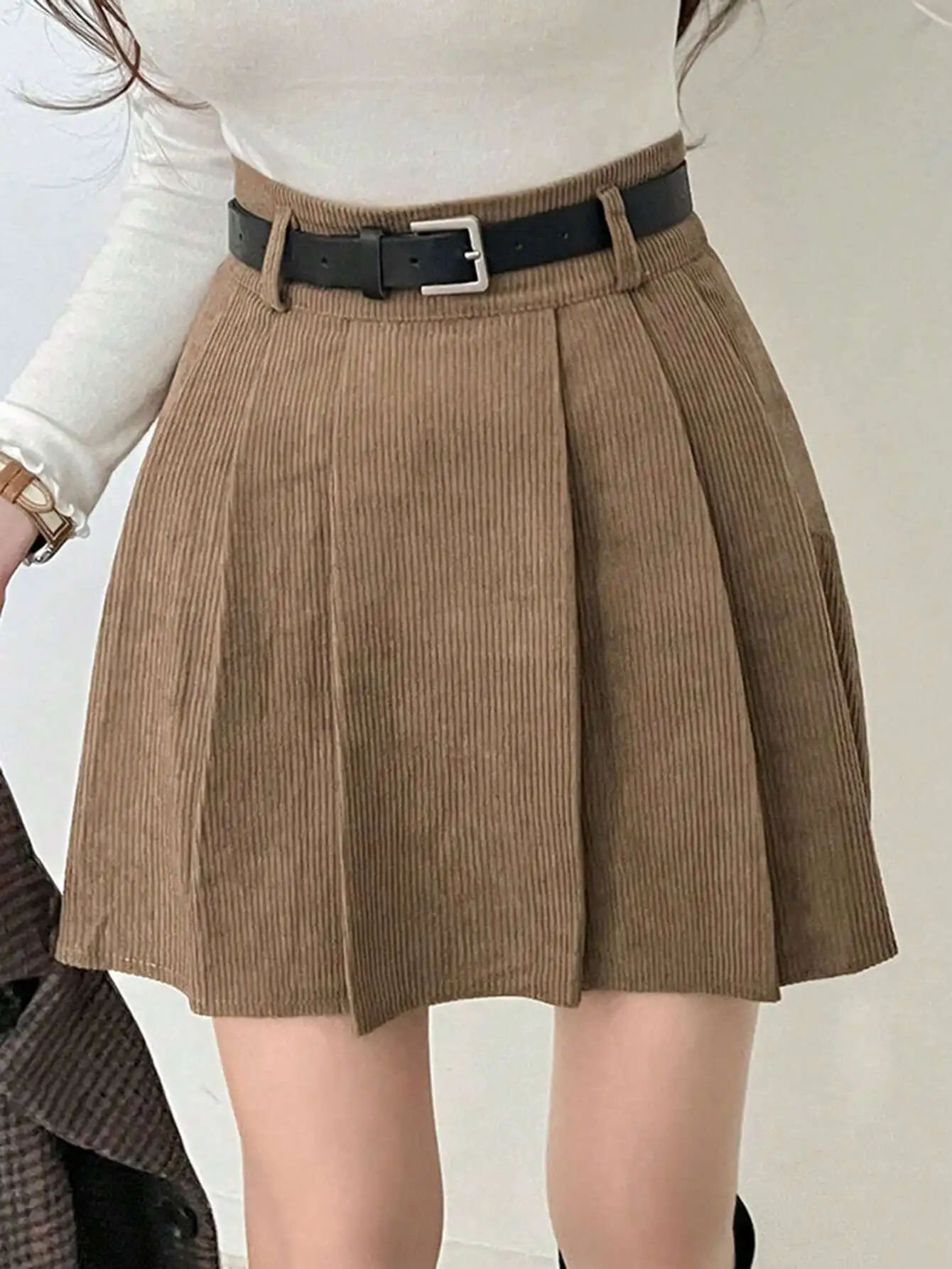

Women's Pleated Corduroy Mini Skirt with Belt, Thermal Lined, Solid Color