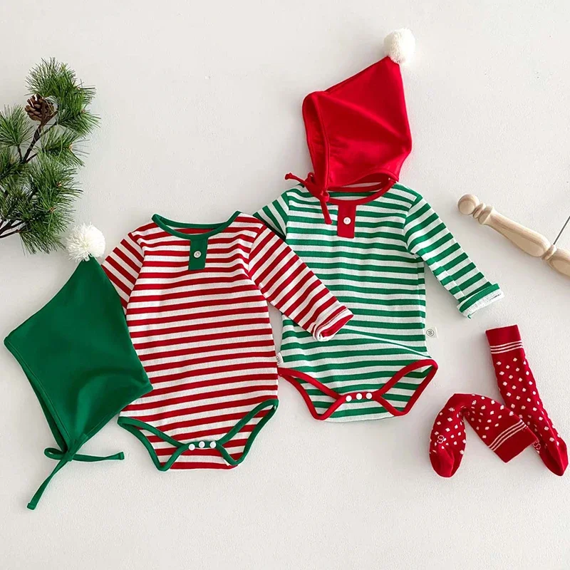 

2024 New Year Clothing Set Toddler Baby Boys Girl Stripes Romper+Hat Christmas Children Clothes Infant Baby Boys Girls Jumpsuit