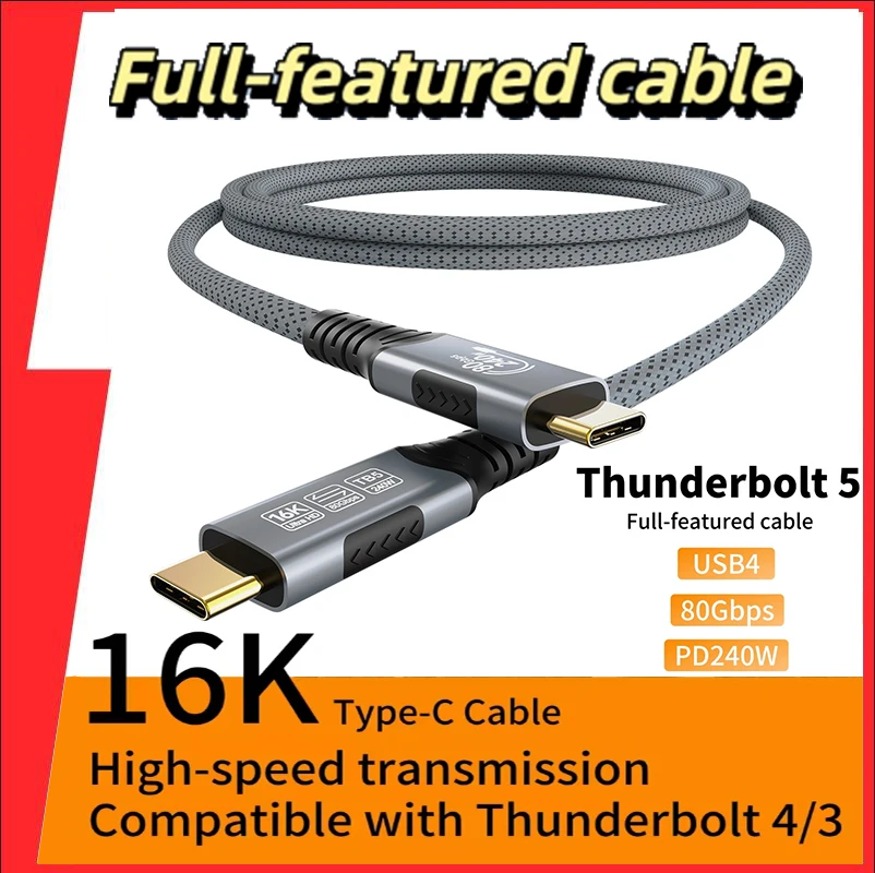 

Кабель 16K Type C USB4 80 Гбит/с PD240W для Thunderbolt 5 Полнофункциональный кабель для быстрой зарядки Thunderbolt4/3 USB C-C Передача данных