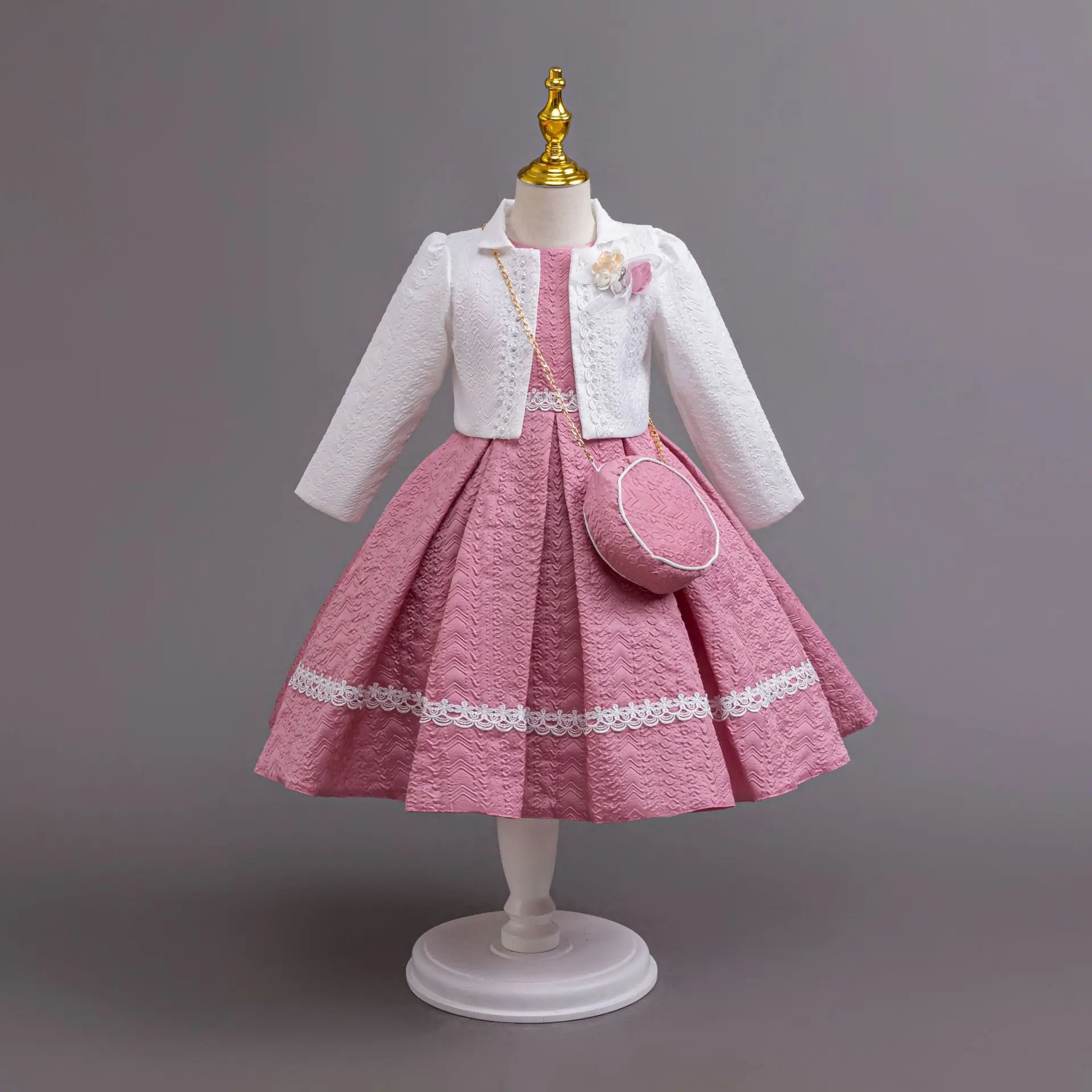 Autumn/Winter Long Sleeve Girl Party Dress Elegant Lace Christmas Formal Gown Gift with Bag for Kids Children 2-8Y