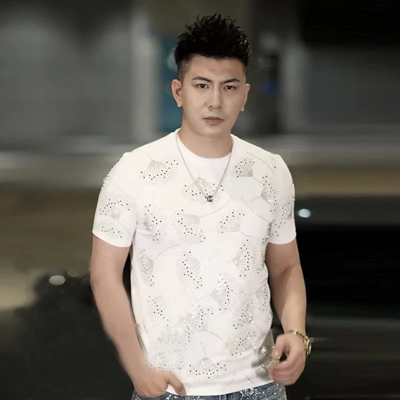 Fashion Trend Men's 2025 Summer New Round Neck Short Sleeve Heavy Rhinestone Handsome Youth Casual T-Shirt