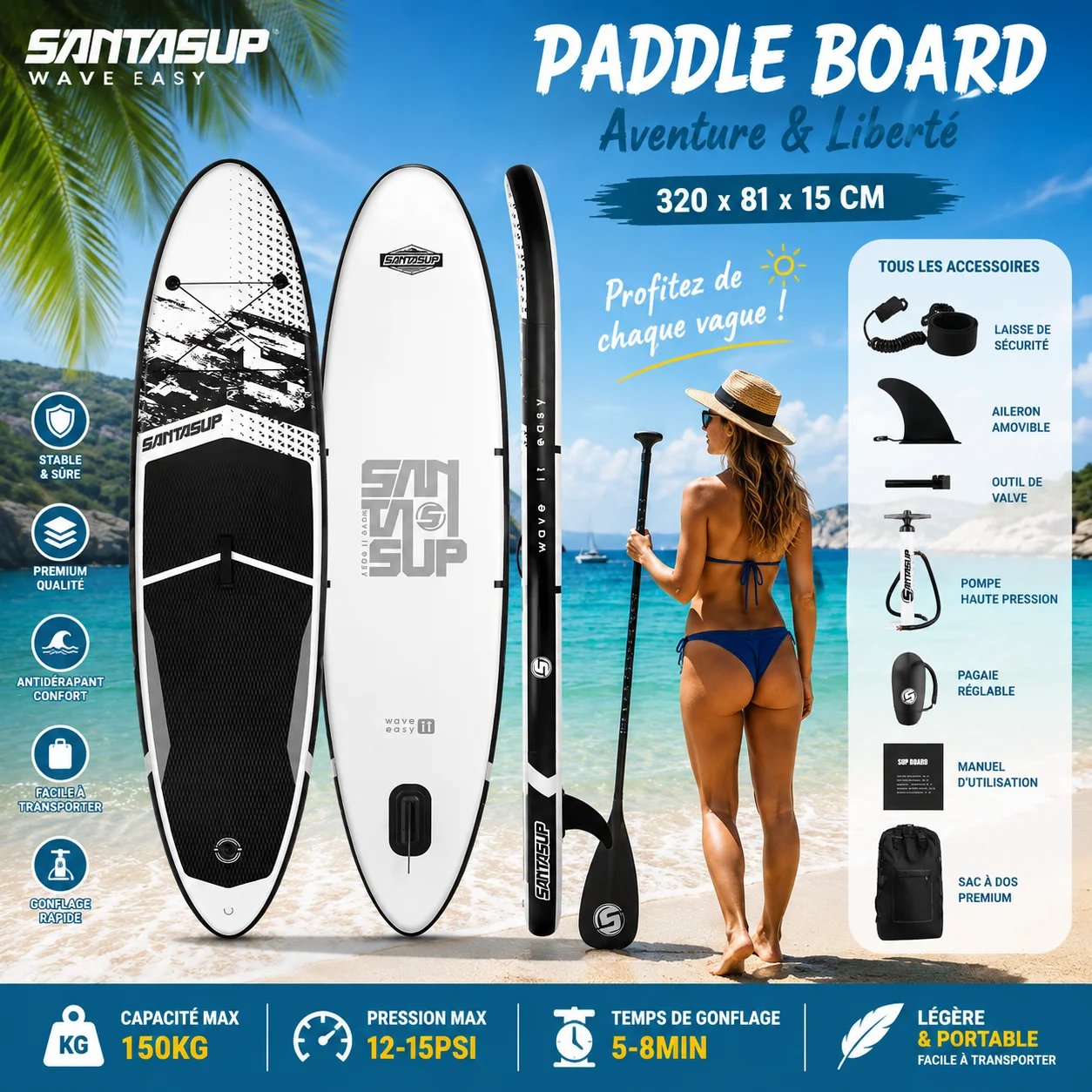 Planche de paddle gonflable 320 × 81 × 15 cm, planche de surf gonflable, planche de paddle antidérapante, adaptée aux adultes et aux divers sports nautiques