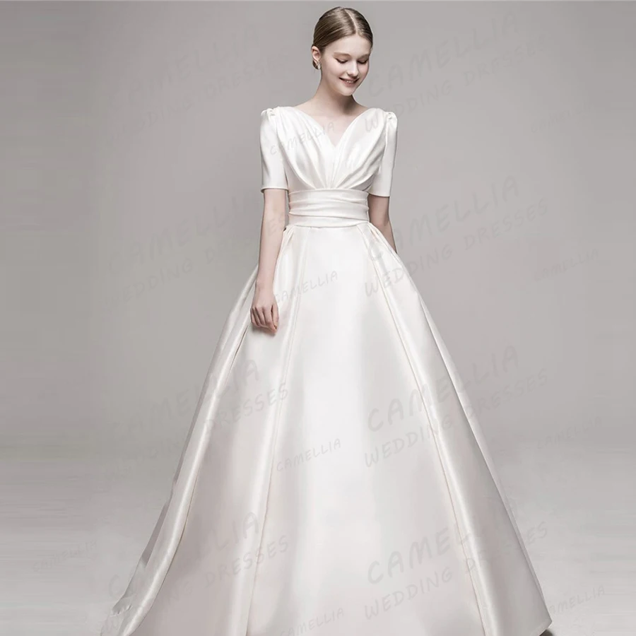 Fashion Elegant Wedding Dresses A Line Women's Sexy Short Sleeve Bridal Gowns V Neck Satin Princess Party Vestidos De Noche 2024