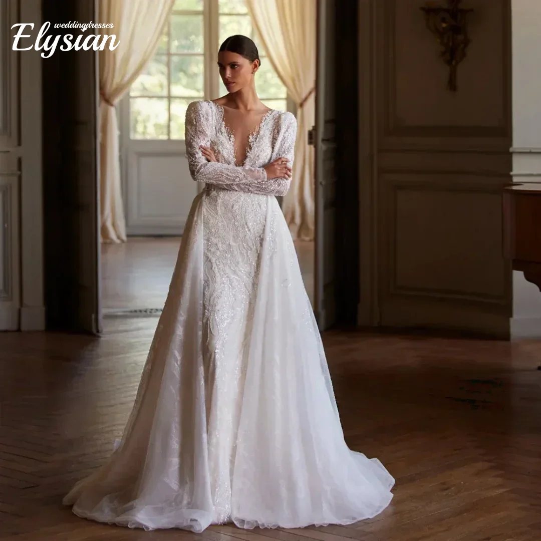 ชุดแต่งงานทรงเมอร์เมดแบบเซ็กซี่สั่งตัดได้ คอวี แขนยาว ปักลาย ถอดชายกระโปรงได้ ชุดเจ้าสาวแบบมีชายกระโปรง Vestido De Novia