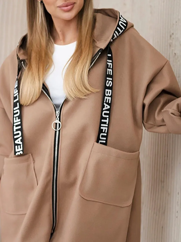 

Модная уличная одежда, однотонные женские пальто, осень-зима 2022, куртка с капюшоном и длинными рукавами, повседневная свободная толстовка с карманом на молнии