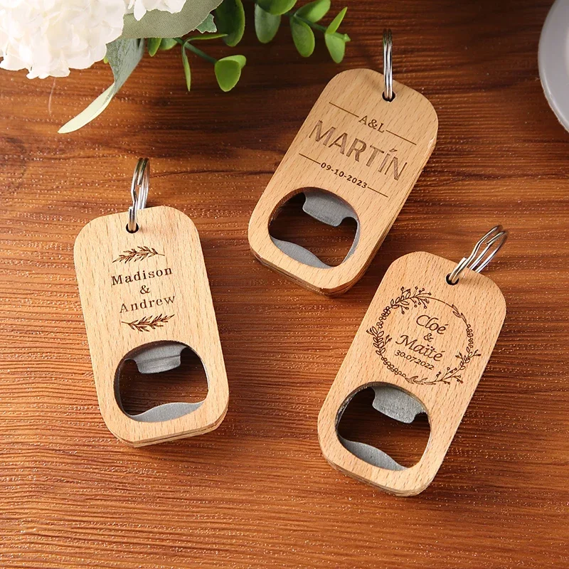 1PC Custom Logo Name Stainless Steel Woodiness Beer Bottle Opener Keybuckle Keyring Wooden Artsand Crafts Keychain Carving Gift