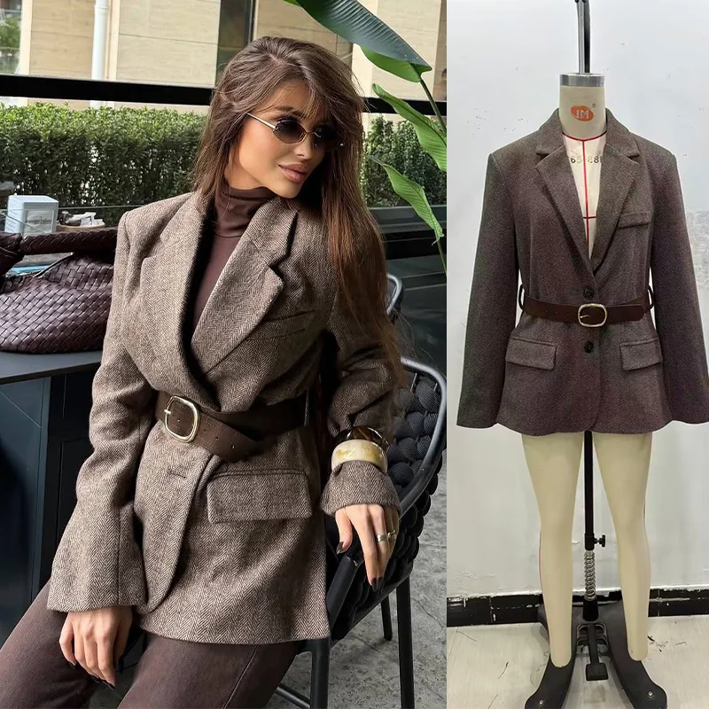 

2026 женский модный пиджак коричневого цвета с текстурой «елочка» с лацканами, тонкий костюм с поясом, пальто для офиса, женское пальто для поездок на работу, уличное пальто