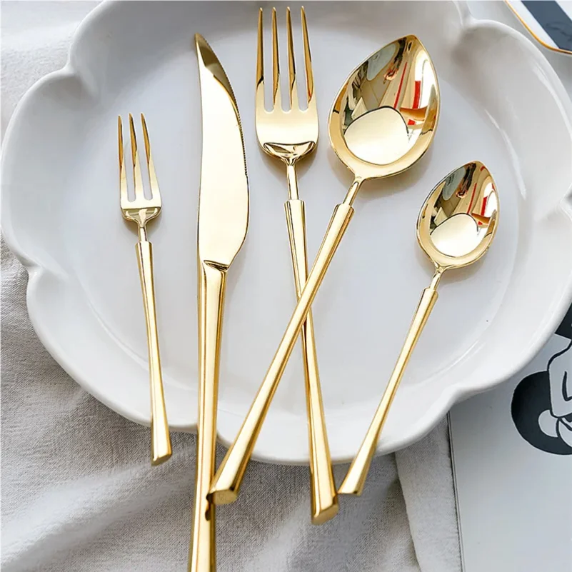 Shiny Gold 5 Stainless Steel Flatware Set 304 Dinner Knife Fork Cutlery Set Service For 1 Drop Shipping