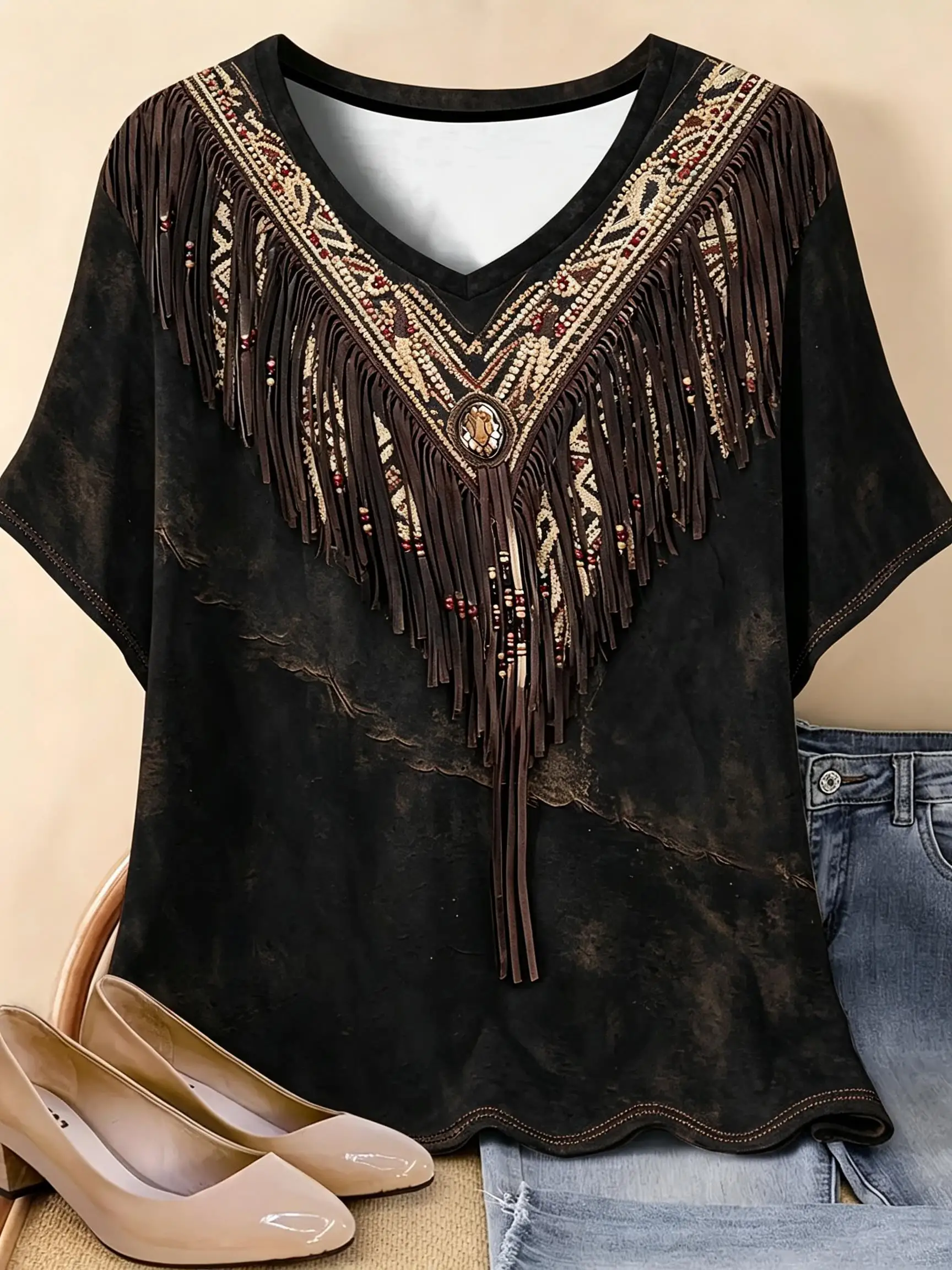 Women V‑Neck Short Sleeve T‑Shirt Western Faux Fringe Beaded Ethnic Geometric Print Vintage Washed Casual Ladies Tee Tops