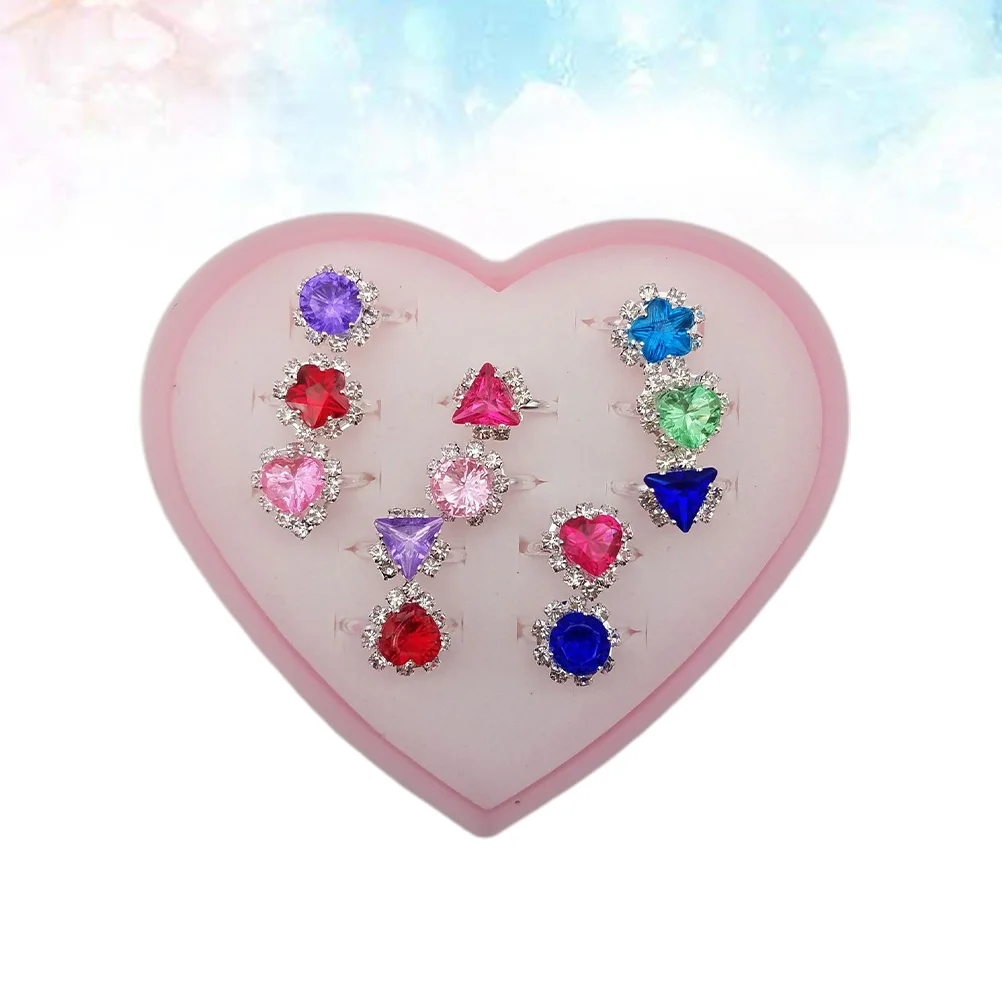 

12PCS Heart Boxed Children's Colorful Rhinestone Rings Set Gift With Heart-Shaped Box for Kids Girls Children (Random Style)