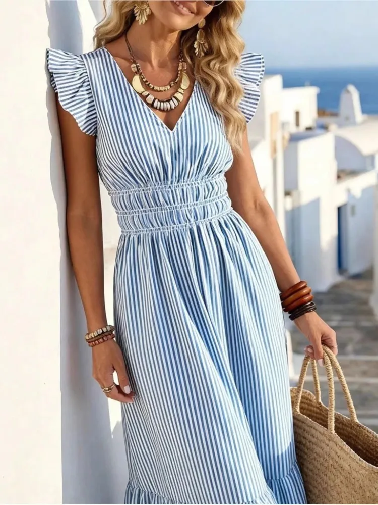 Women's V Neck Leaf Fitted A Line Blue And White Stripes 2026 Summer Beach Vacation Dress Casual Fashion Striped Maxi Dress