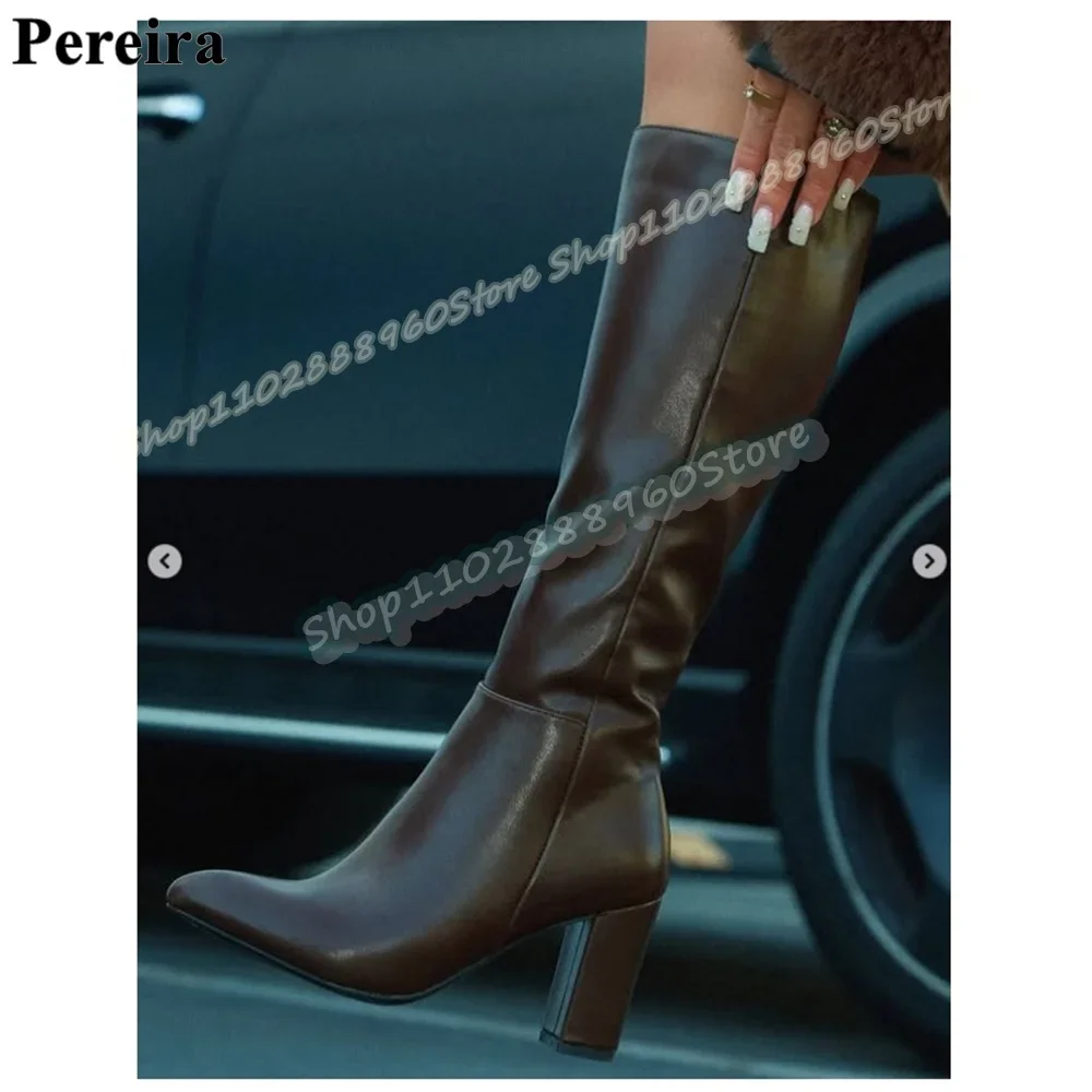 

Knee High Black Leather Simple Style Pointy Boots Chunky High Heel Shoes For Women Side Zipper Pointed Toe Trendy Casual Pumps