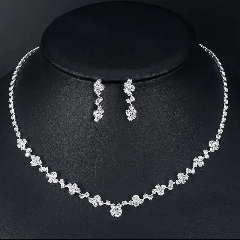 S 1Set Simple Silver Plated Rhinestone Crystal Choker Necklace Earrings Set Wedding Bridal Bridesmaid Jewelry Sets