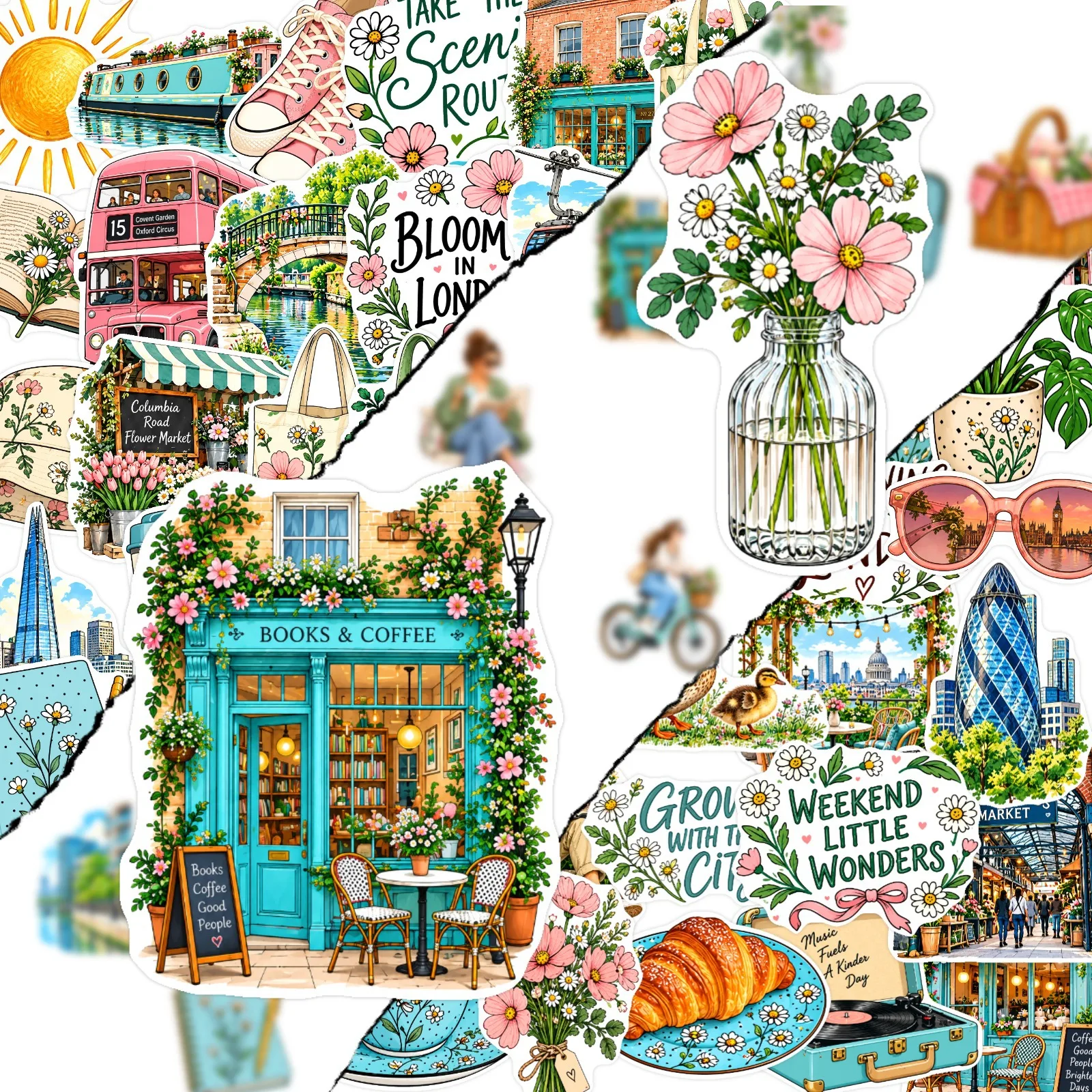 50 PCS Ins Fresh Spring Exquisite Life Element Decorative Stickers Hand Account Water Cup Wall Window Phone Waterproof Decals