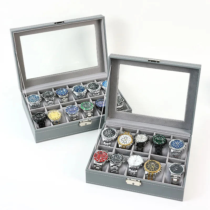 

Коробка для часов из искусственной кожи, 2/3/4/5/6/8/10/12 слотов, витрина для часов для мужчин, органайзер, коробка для хранения ювелирных изделий со стеклянным верхом для подарков